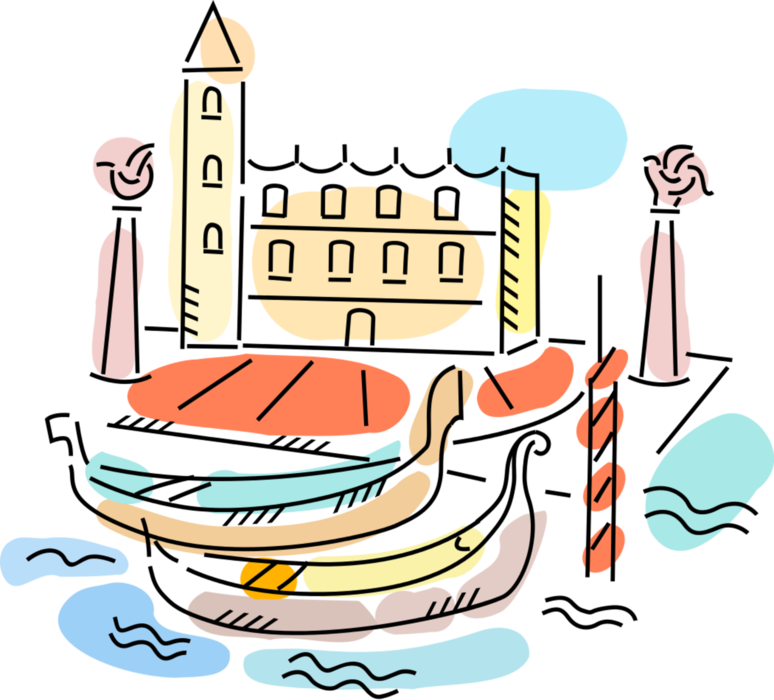 Vector Illustration of Venetian Gondolas in Venice Canal with Piazza San Marco, St Mark's Square, Italy
