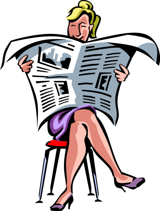 Vector Illustration of Businesswoman Reads Funny Pages Cartoons in Newspaper