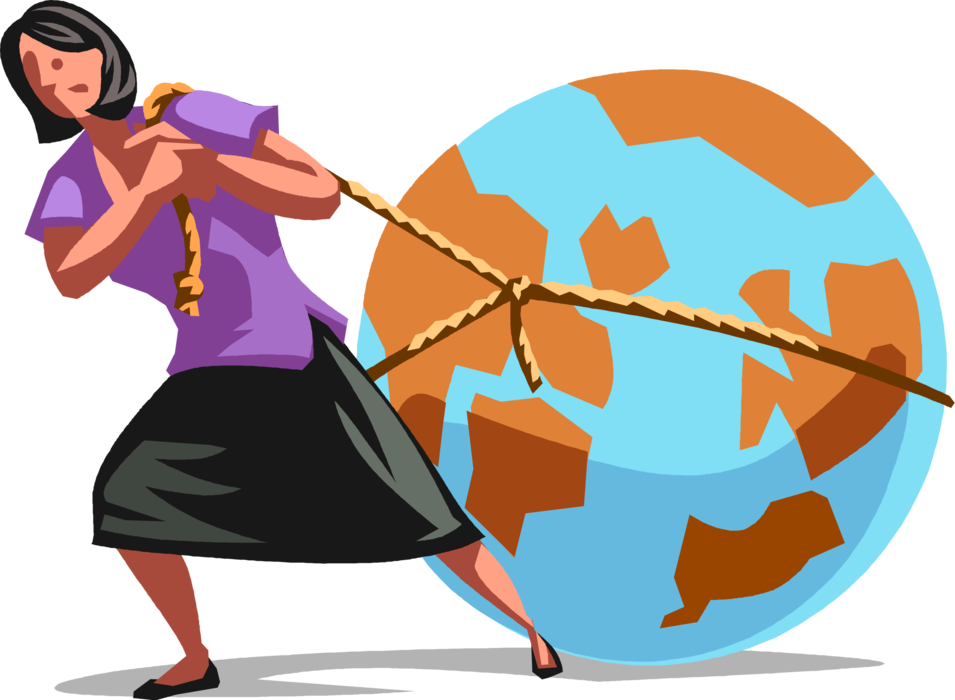 Vector Illustration of Overworked Businesswoman Pulling Her Weight Does More Than Fair Share Dragging the World Planet Earth