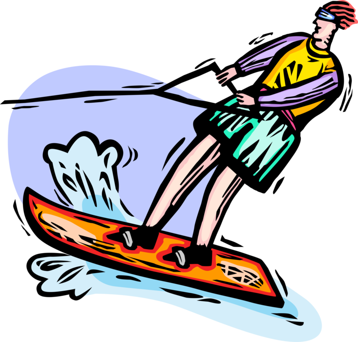 Vector Illustration of Water Skier Having Fun Slalom Water Skiing on Water with Towline Rope Behind Boat