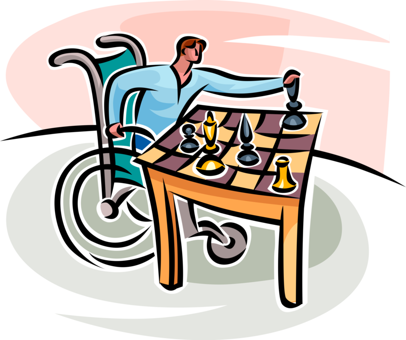 Vector Illustration of Chess Player in Handicapped or Disabled Wheelchair Plays Game of Chess