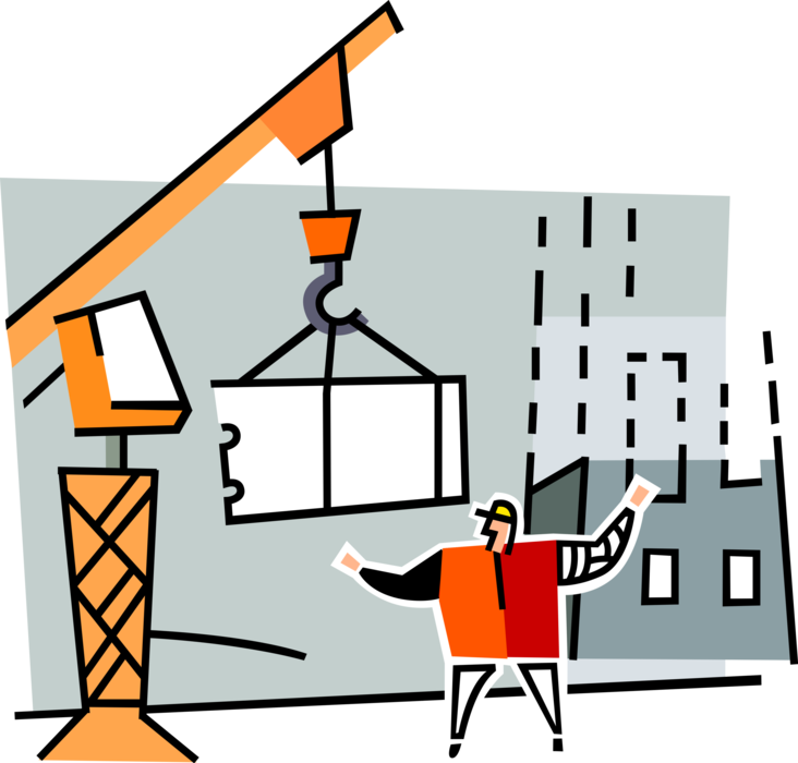 Vector Illustration of Construction Site Foremen Directs Crane Lifting Hook with Building Materials