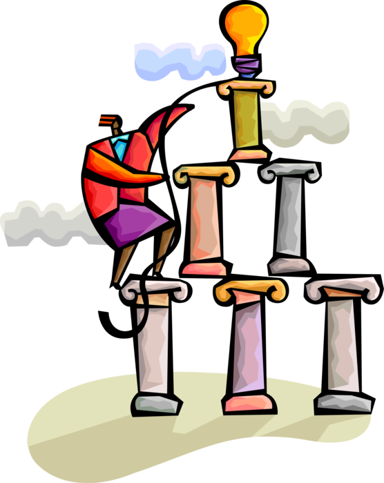 Vector Illustration of Businesswoman Climbs Pedestal Column Structure with Light Bulb Symbol of Invention, Innovation, and Good Ideas