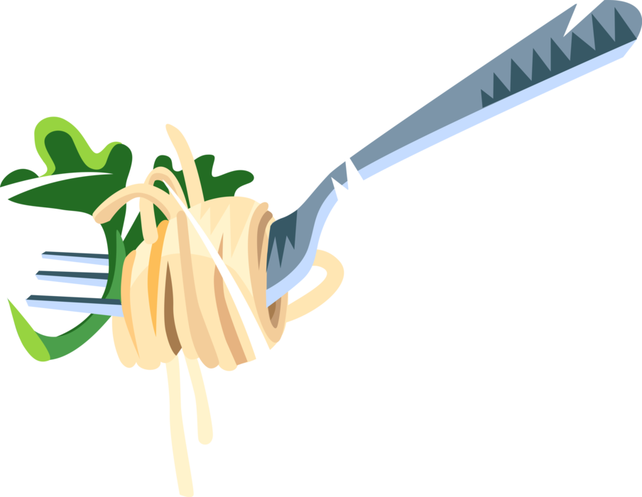 Vector Illustration of Italian Pasta Dinner Spaghetti on Fork with Salad Greens