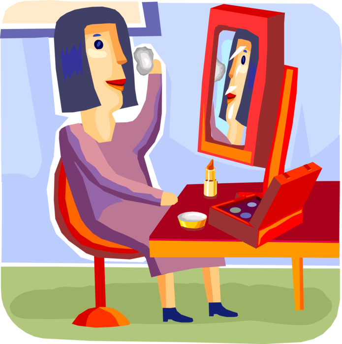 Vector Illustration of Businesswoman Prepares for Workday Applying Beauty Cosmetics Makeup Cream and Lotion
