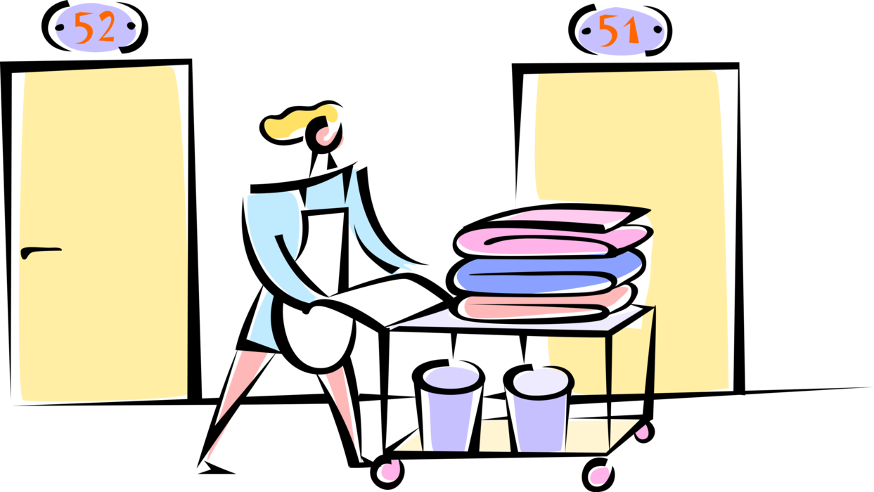 Vector Illustration of Hospitality Industry Hotel Domestic Service Housekeeping Cleaning Maid or Housemaid Cleans Hotel Room