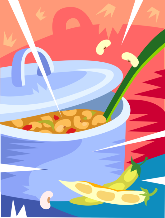 Vector Illustration of Cooking Pot of Vegetable Soup with Beans and Ladle Spoon