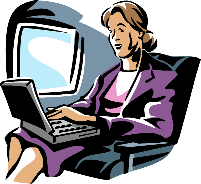 Vector Illustration of Air Travel Businesswoman Works with Laptop Computer on Airline Flight