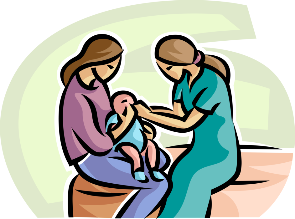 Vector Illustration of Health Care Professional Doctor Physician Examines Newborn Infant Baby with Mother