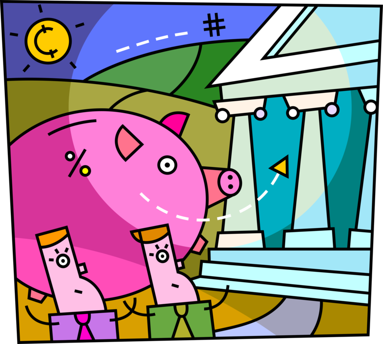 Vector Illustration of Businessmen Invest Earnings and Savings Piggy Bank at Financial Banking Institution