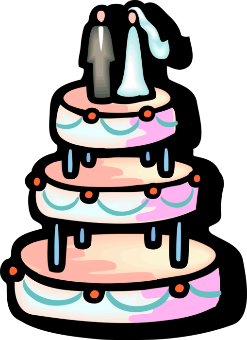 Vector Illustration of Wedding Cake Traditional Cake Served at Wedding Receptions with Bride and Groom Topper