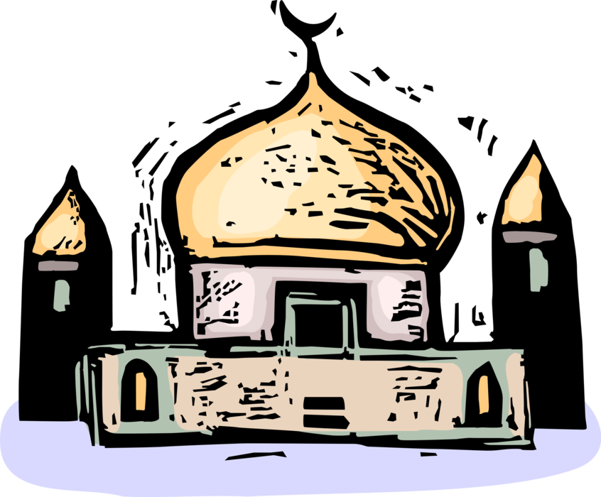 Vector Illustration of Mosque Place of Worship for Islam with Minaret Towers Calling Muslims to Prayer