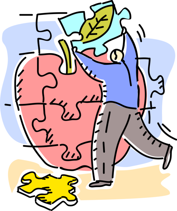 Vector Illustration of Businessman Constructs Jigsaw Puzzle Pieces to Create Apple Symbol of Knowledge and Learning