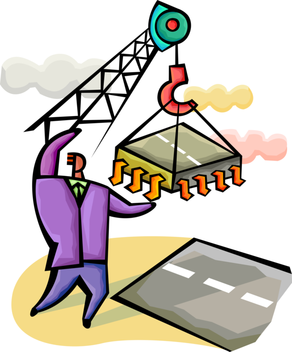 Vector Illustration of Businessman Builds Information Technology Super Highway with Construction Crane and Integrated Circuits