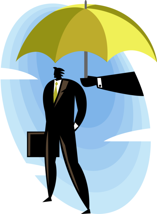 Vector Illustration of Businessman Stands Under Umbrella or Parasol Rain Protection
