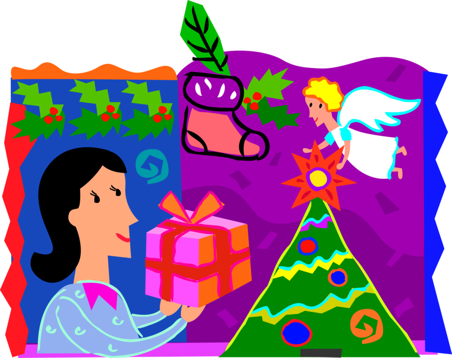 Vector Illustration of Woman Places Gift Wrapped Present Under Christmas Tree with Angel Star Decoration