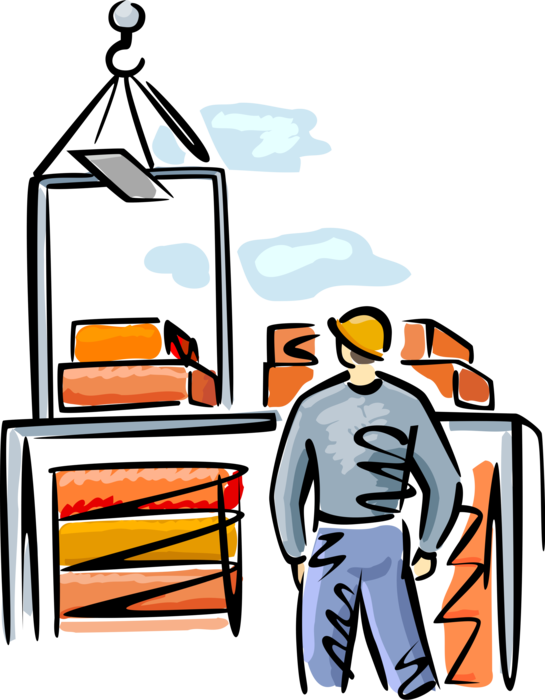 Vector Illustration of Construction Worker on Job Site with Building Materials and Lifting Crane Hook