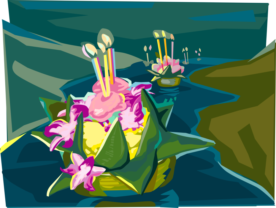 Vector Illustration of Thailand Loi Krathong Festival with Floating Basket Candles Pays Respect to Water Spirits
