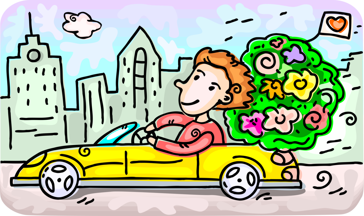 Vector Illustration of Romantic Driver in Love Drives Automobile Car with Gift Present Bouquet of Flowers