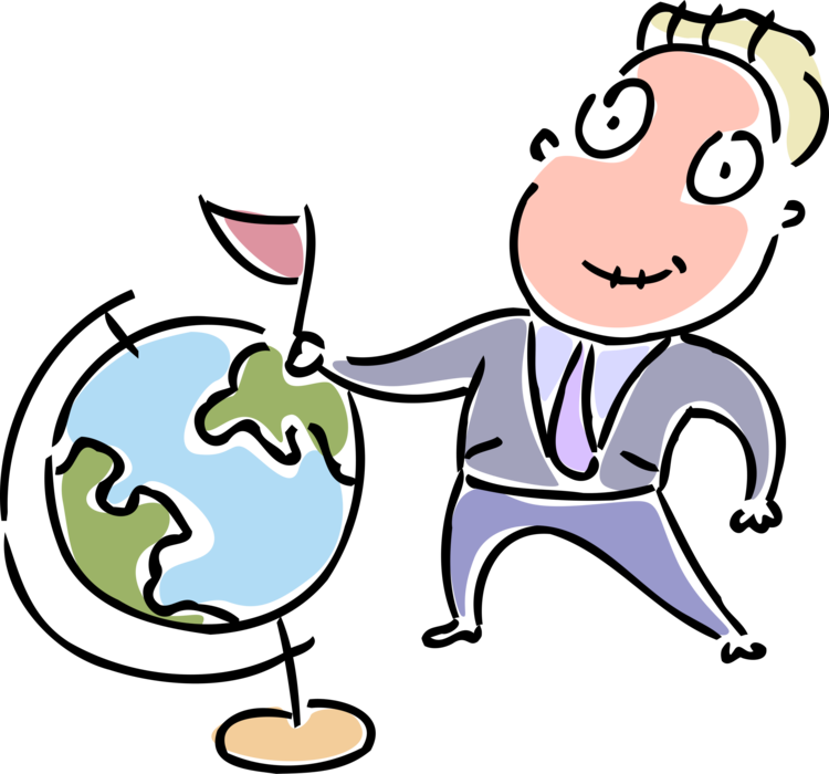 Vector Illustration of Businessman Plants Flag on Three-Dimensional, Spherical, Scale Model Terrestrial Geographical World Globe