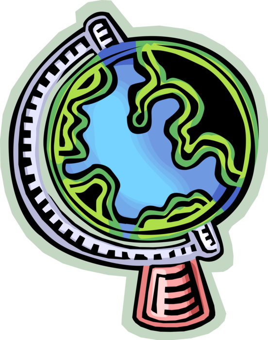 Vector Illustration of Three-Dimensional, Spherical, Scale Model Terrestrial Geographical World Globe