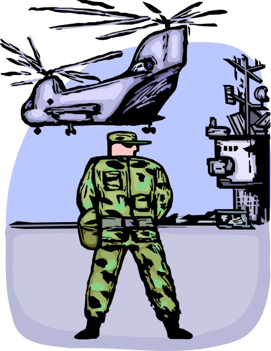 Vector Illustration of Serviceman Stands Guard with Marine Helicopter Taking Off from Naval Aircraft Carrier on Combat Mission