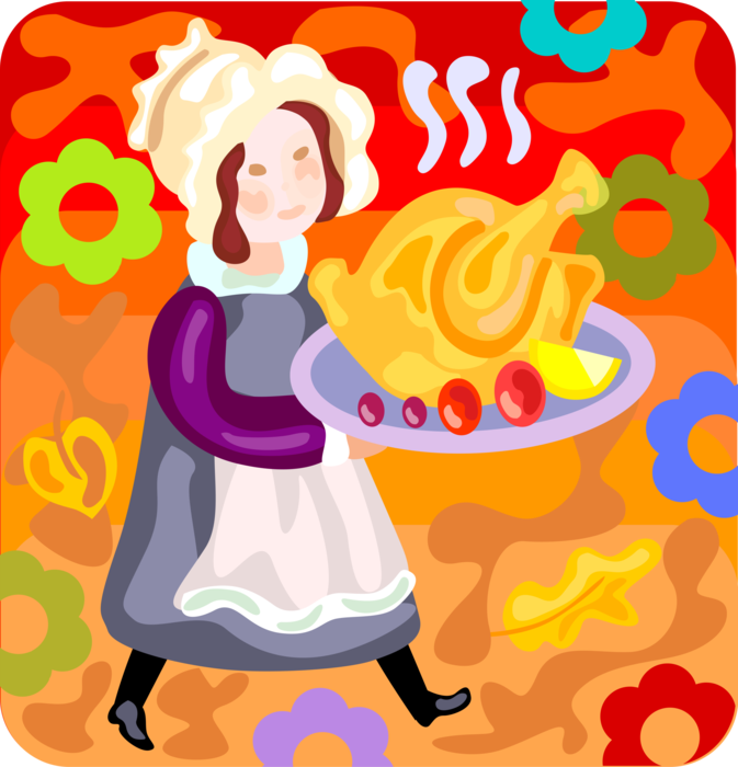 Vector Illustration of Pioneer Pilgrim Serves Traditional Thanksgiving Dinner Roast Poultry Turkey