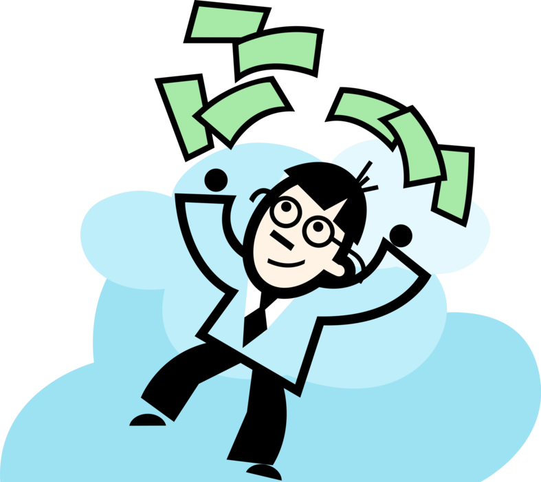 Vector Illustration of Businessman Celebrates Windfall Bonanza Bonus of Cash Money Dollar Bills