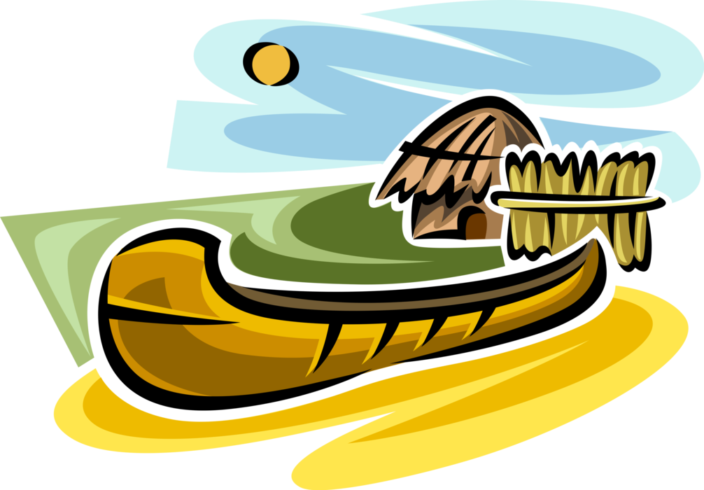 Vector Illustration of Native American Indigenous Indian Village Huts with Canoe Watercraft Boat