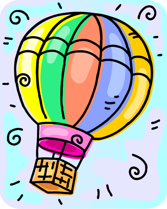 Vector Illustration of Hot Air Balloon with Gondola Wicker Basket Carry Passengers Aloft