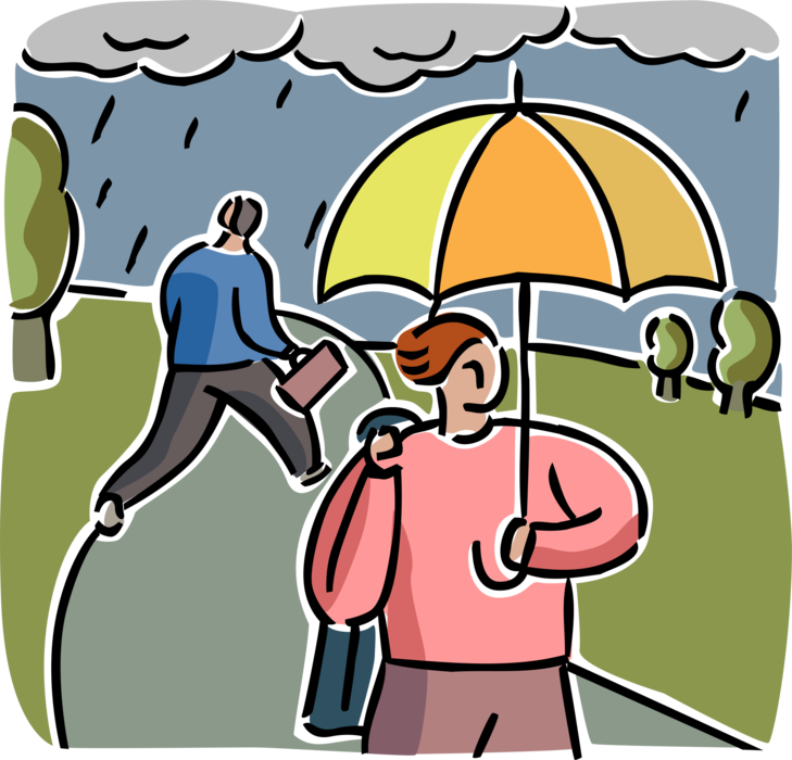Vector Illustration of Prepared Businesswoman Walks in Rain with Umbrella, Unprepared Competitor Gets Wet