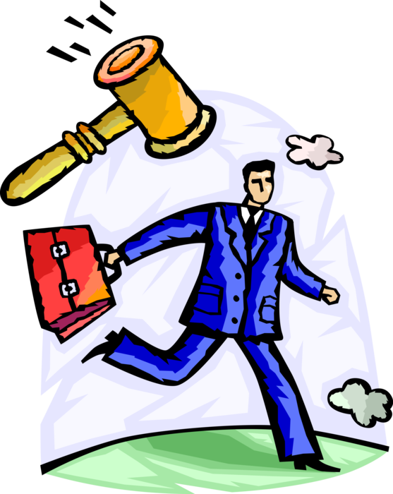 Vector Illustration of Businessman on the Run from Legal Ruling Judge's Gavel Mallet