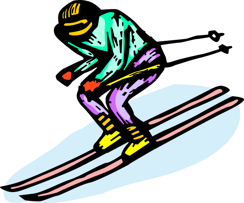 Vector Illustration of Downhill Alpine Skiing Skier Races Down Mountain Slopes on Skis