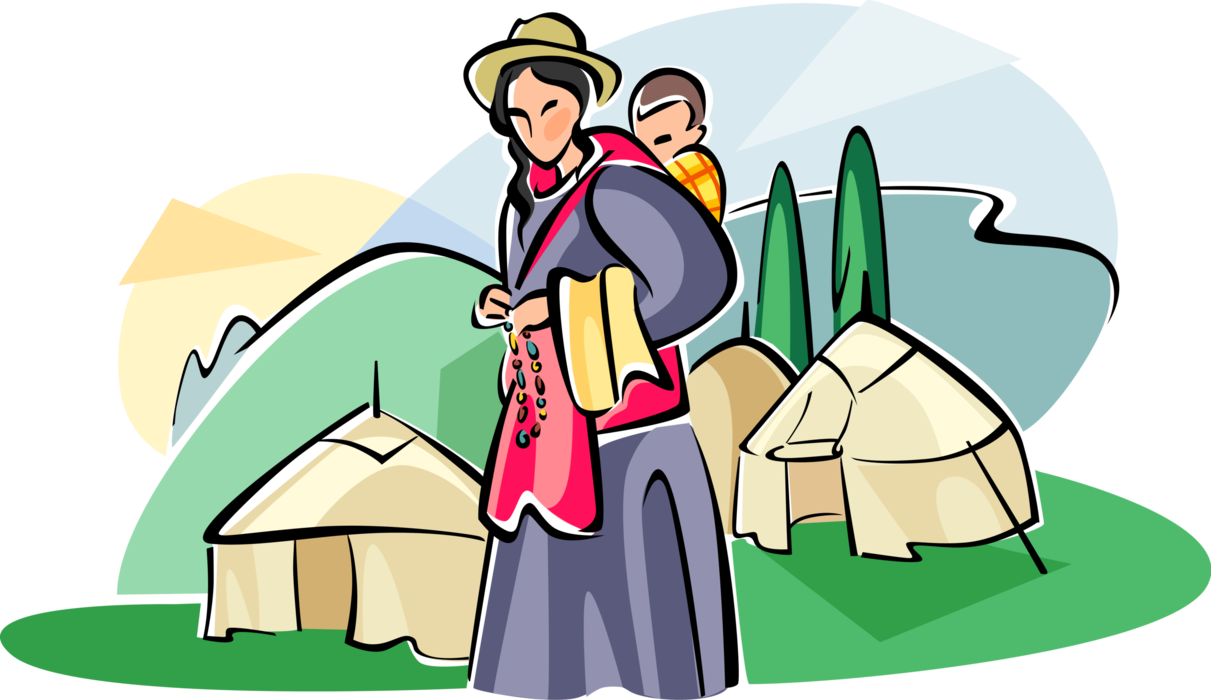 Vector Illustration of Tibetan Mother with Baby and Family Turkic Yurt Round Tent