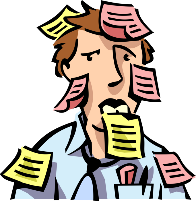 Vector Illustration of Stressed Out, Exhausted, Burned Out, Overworked Businessman Covered with Post-It Notes