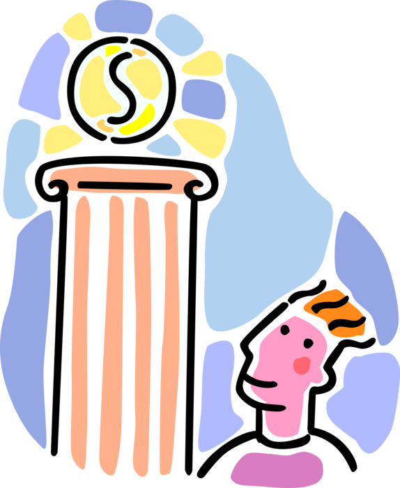 Vector Illustration of Young Man Dreams of Achieving Financial Success with Cash Money Dollars on Pedestal