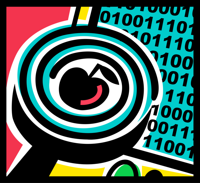 Vector Illustration of Digital Binary Code Information Access with Educational Apple Symbol of Knowledge and Magnifying Glass