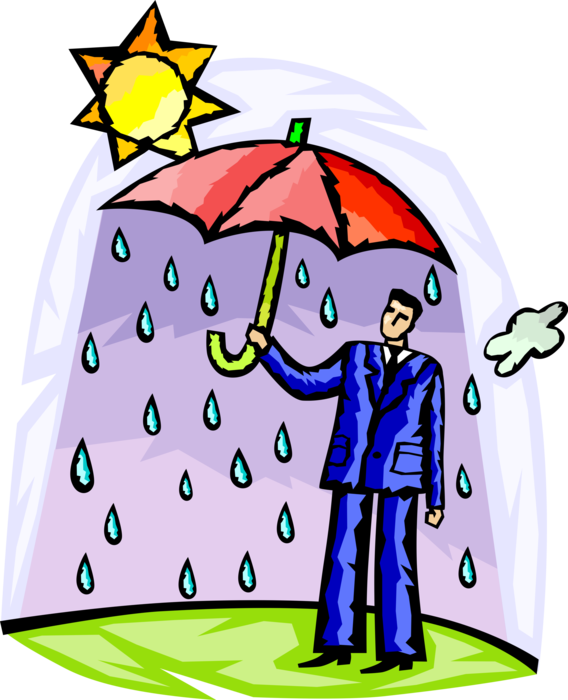 Vector Illustration of Hapless Businessman Loser Stands Under Umbrella Drenched by Rain on Sunny Day