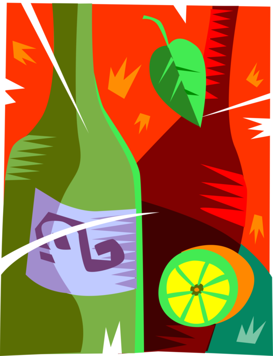 Vector Illustration of Bottle of Alcohol Beverage with Sliced Citrus Lemon Fruit