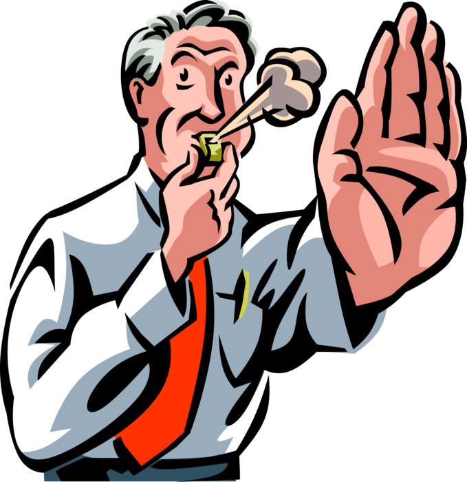 Vector Illustration of Referee Businessman Blows Sports Whistle for Time-Out or Timeout Break in Business