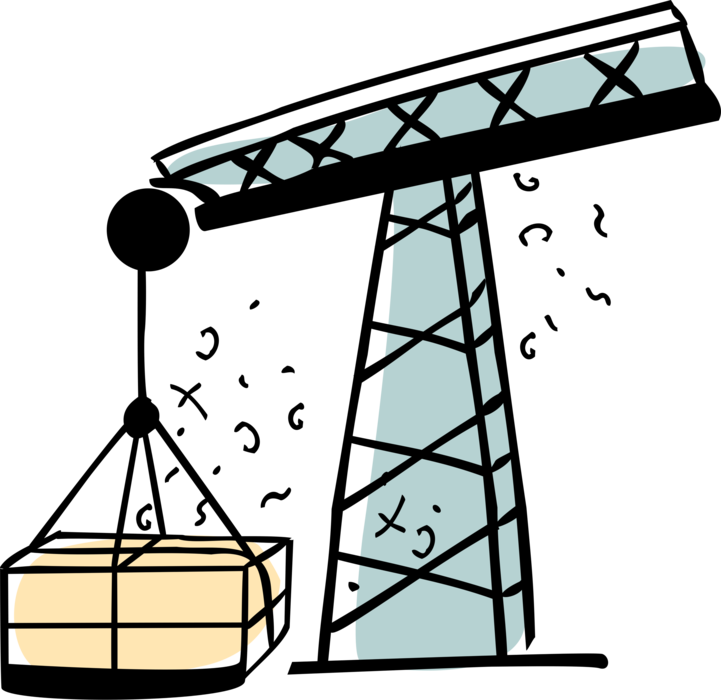 Vector Illustration of Shipping Crane Lifts Building Materials at Construction Job Site