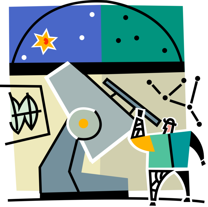 Vector Illustration of Astronomer at Observatory Looks Through Telescope to Observe Universe Stars and Planets
