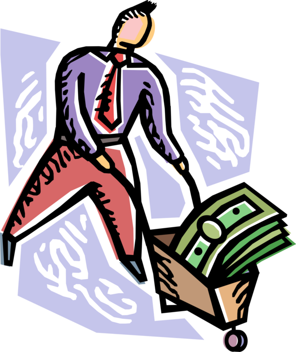Vector Illustration of Businessman Delivers Cash Money Corporate Profit Dollars in Wheelbarrow