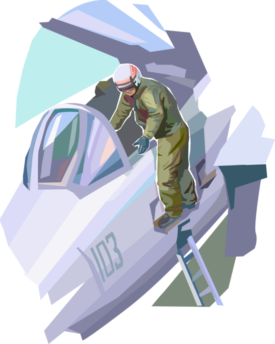 Vector Illustration of United States Air Force Pilots in Pre-flight Systems Check Before Take Off from Naval Aircraft Carrier