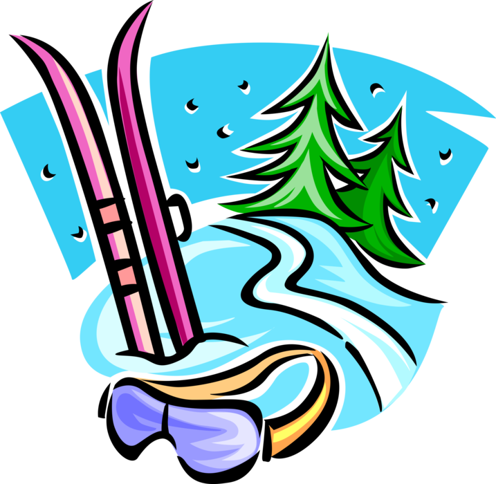 Vector Illustration of Downhill Alpine Skis and Goggles on Mountain Slopes with Evergreen Trees