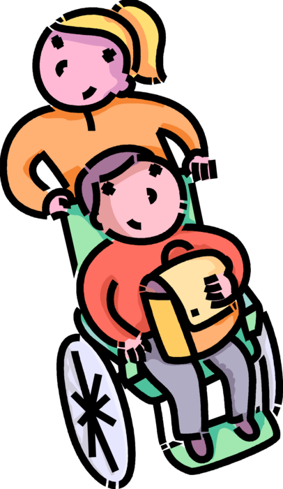 Vector Illustration of Primary or Elementary School Student Girl Pushes Physically Disabled Brother to School in Wheelchair
