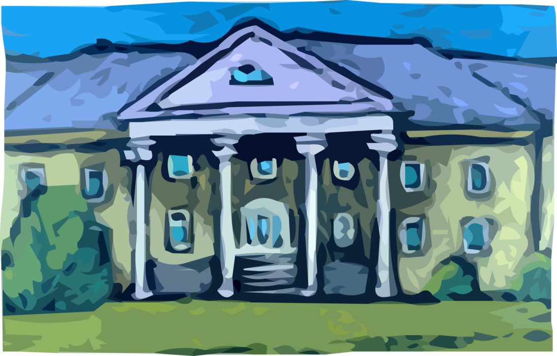 Vector Illustration of Colonial Building Structure with Entrance Column Pillars