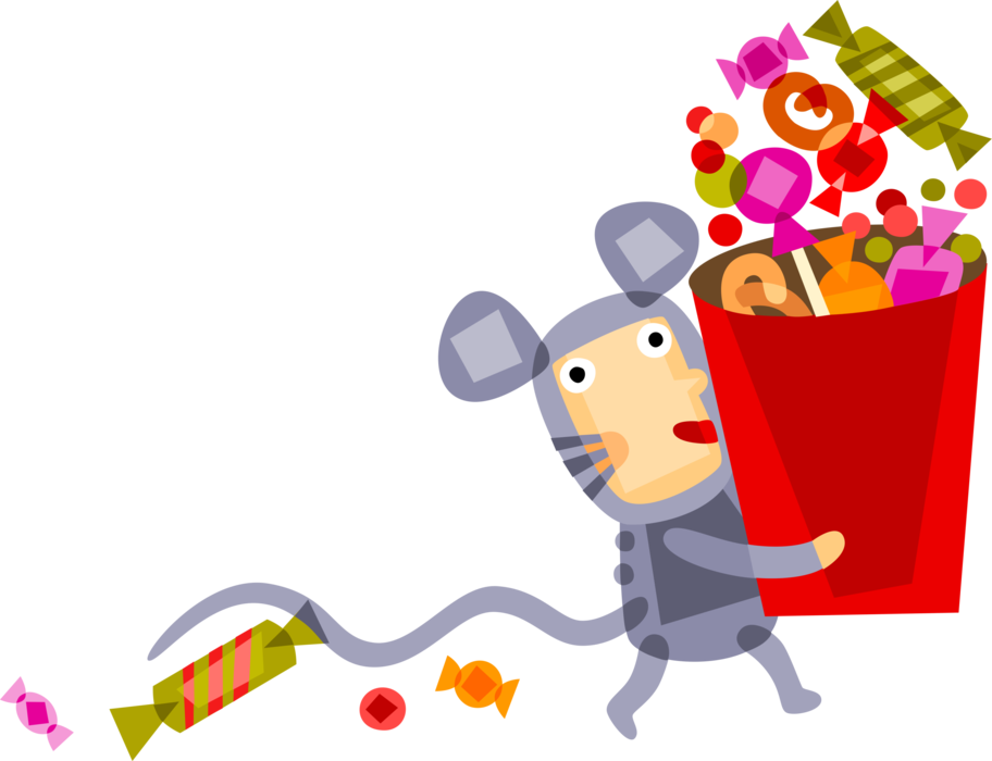 Vector Illustration of Halloween Mouse Carries Trick or Treat Bag of Confection Candy