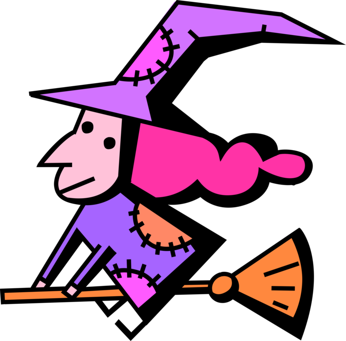 Vector Illustration of Halloween Sorceress Witch Rides Broomstick Broom