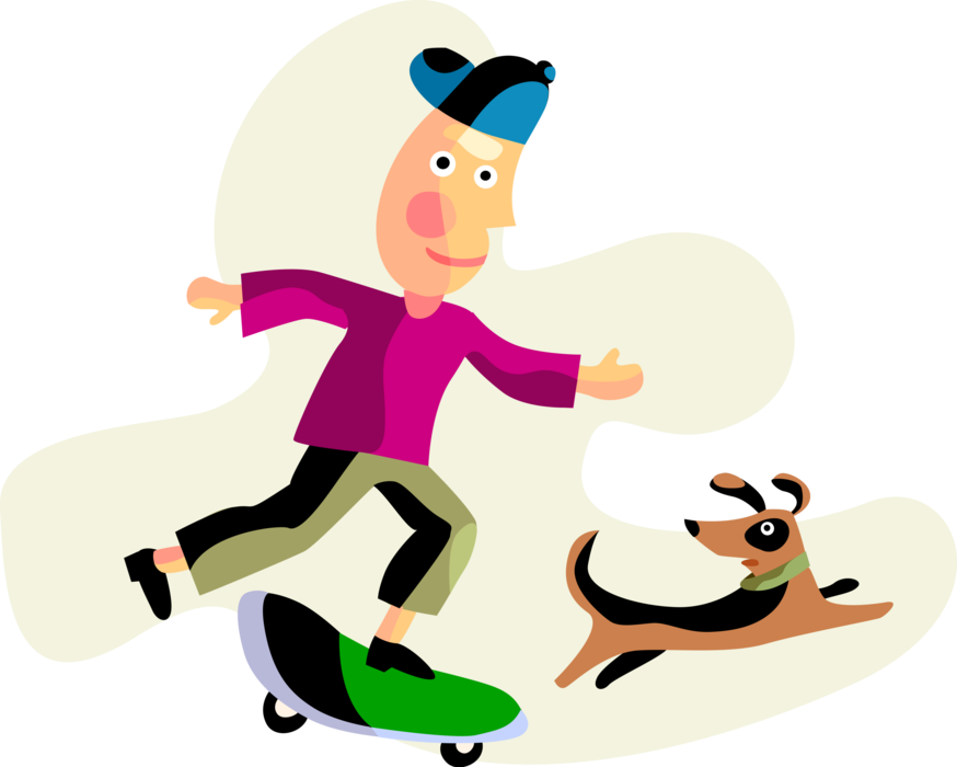Vector Illustration of Boy Skateboarding on Skateboard with Family Pet Dog